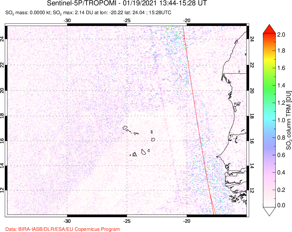 A sulfur dioxide image over Cape Verde Islands on Jan 19, 2021.