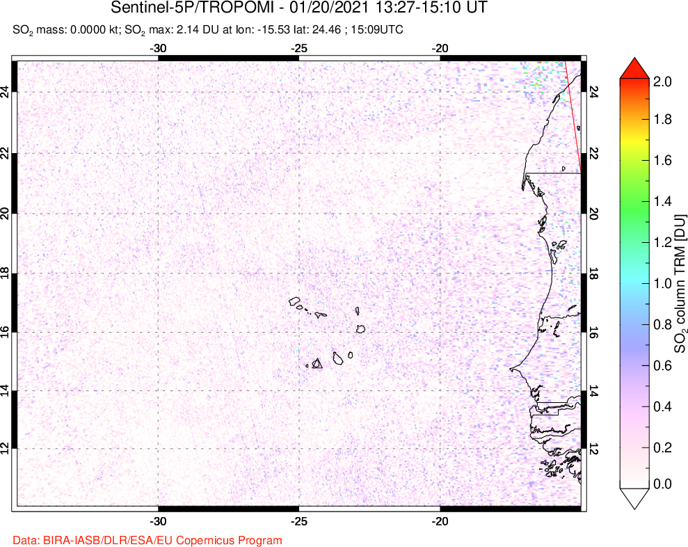 A sulfur dioxide image over Cape Verde Islands on Jan 20, 2021.