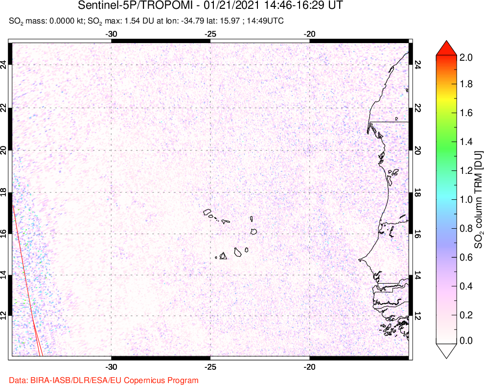 A sulfur dioxide image over Cape Verde Islands on Jan 21, 2021.