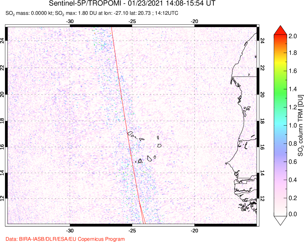 A sulfur dioxide image over Cape Verde Islands on Jan 23, 2021.