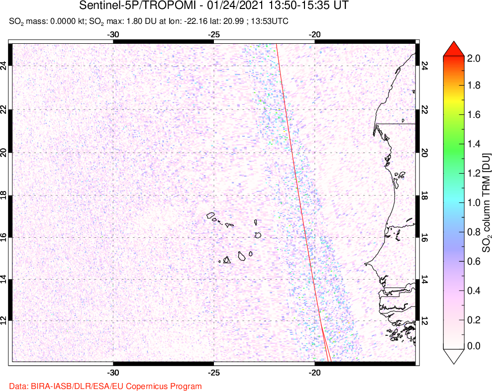 A sulfur dioxide image over Cape Verde Islands on Jan 24, 2021.