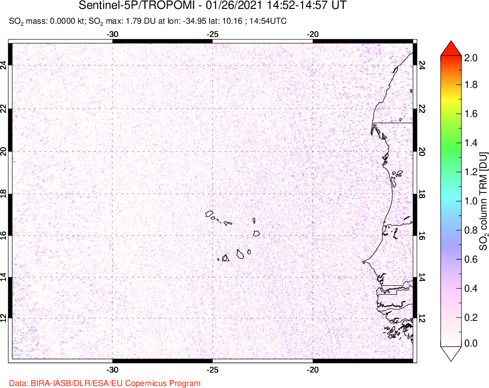 A sulfur dioxide image over Cape Verde Islands on Jan 26, 2021.