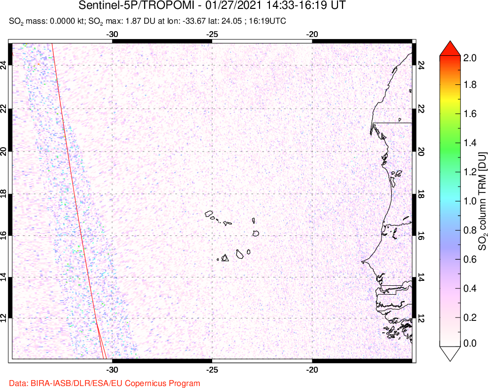 A sulfur dioxide image over Cape Verde Islands on Jan 27, 2021.