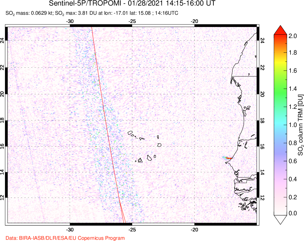 A sulfur dioxide image over Cape Verde Islands on Jan 28, 2021.