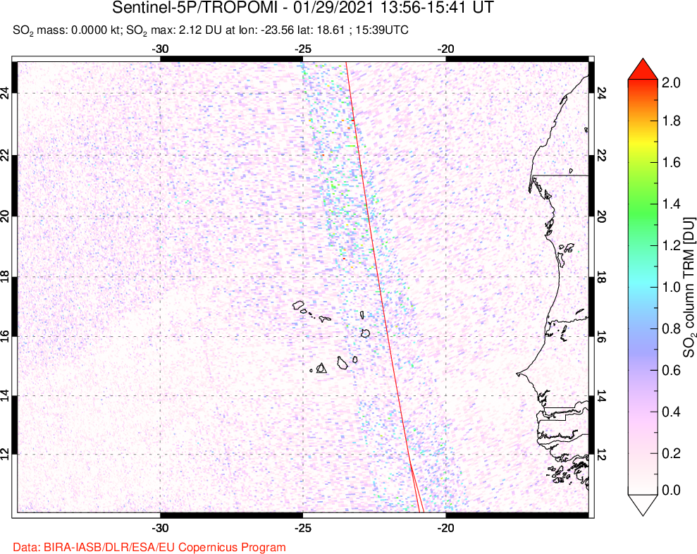 A sulfur dioxide image over Cape Verde Islands on Jan 29, 2021.