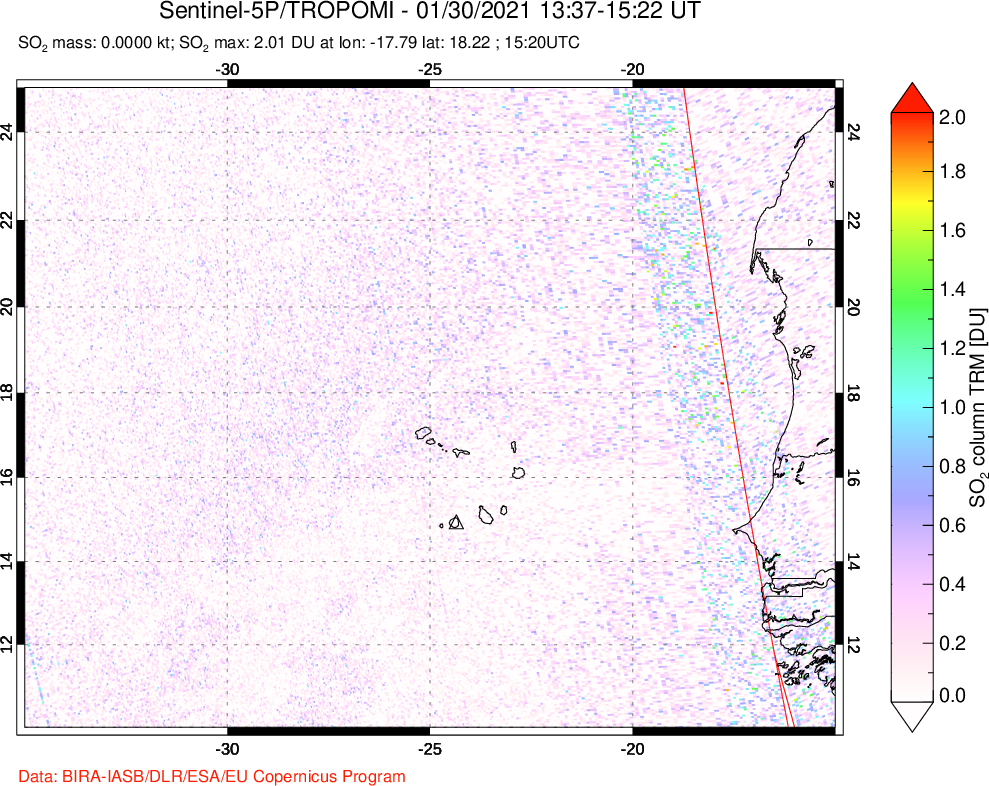 A sulfur dioxide image over Cape Verde Islands on Jan 30, 2021.