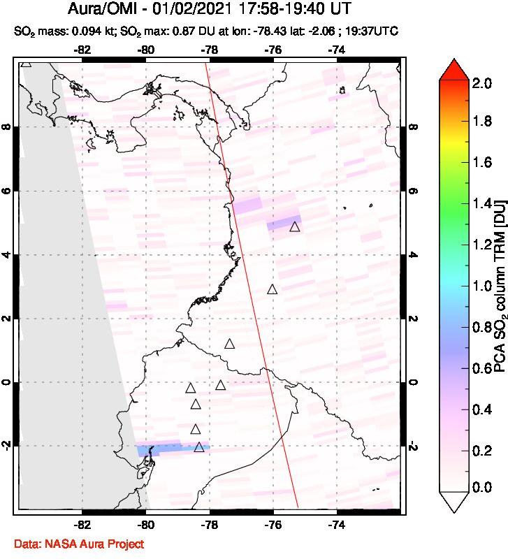 A sulfur dioxide image over Ecuador on Jan 02, 2021.