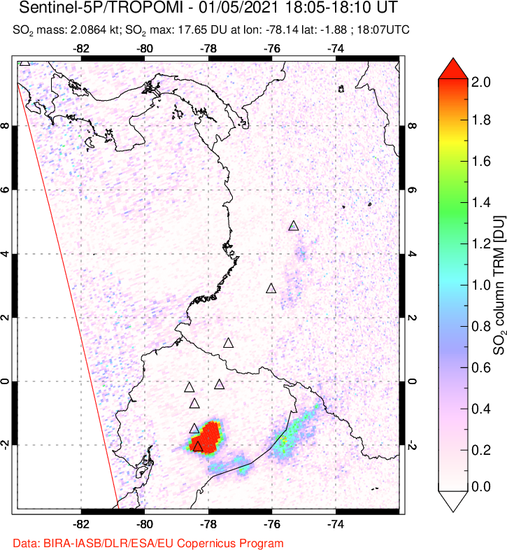 A sulfur dioxide image over Ecuador on Jan 05, 2021.