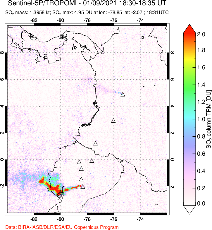 A sulfur dioxide image over Ecuador on Jan 09, 2021.