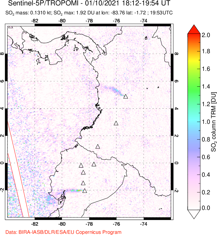 A sulfur dioxide image over Ecuador on Jan 10, 2021.