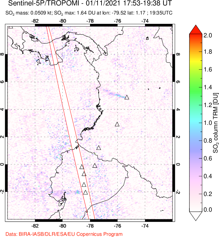 A sulfur dioxide image over Ecuador on Jan 11, 2021.