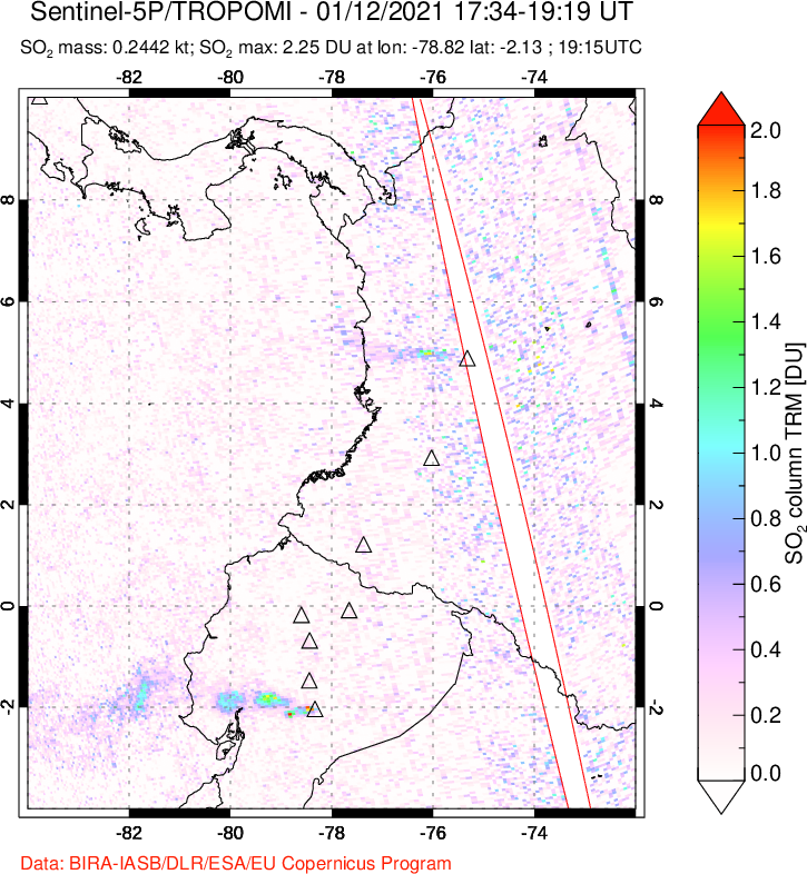 A sulfur dioxide image over Ecuador on Jan 12, 2021.