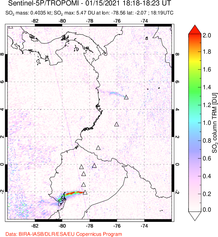A sulfur dioxide image over Ecuador on Jan 15, 2021.