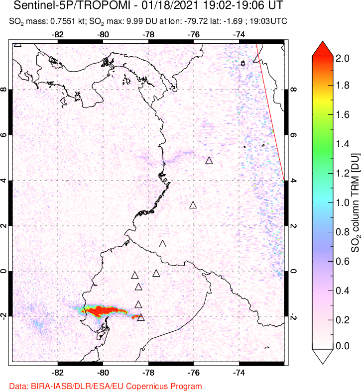 A sulfur dioxide image over Ecuador on Jan 18, 2021.