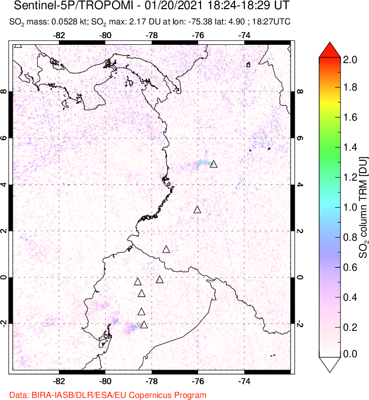 A sulfur dioxide image over Ecuador on Jan 20, 2021.