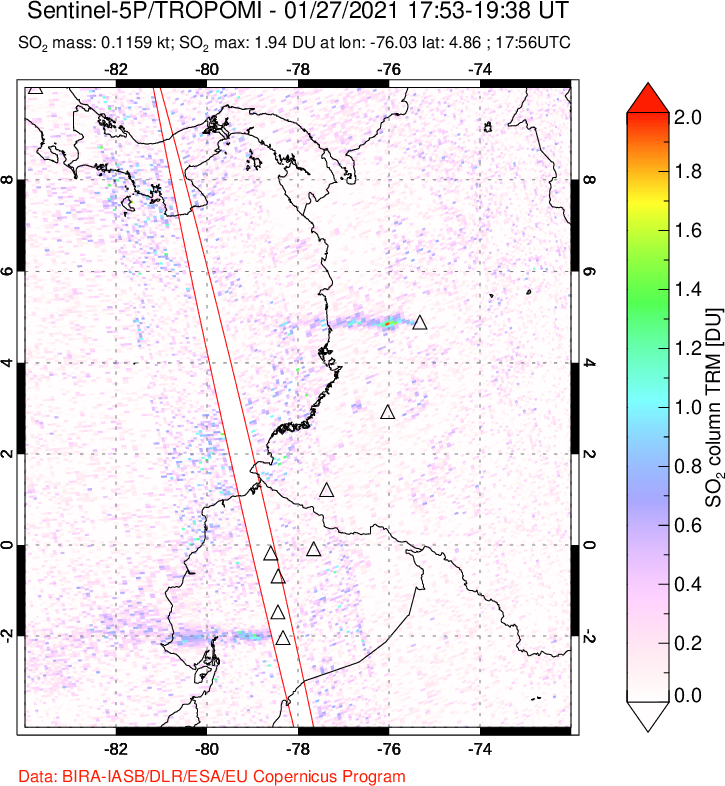 A sulfur dioxide image over Ecuador on Jan 27, 2021.