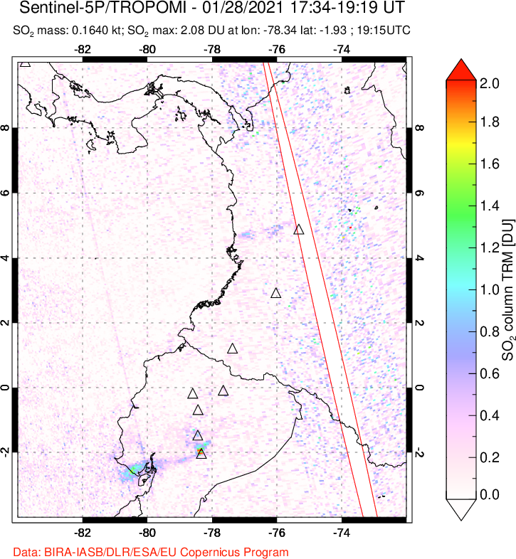 A sulfur dioxide image over Ecuador on Jan 28, 2021.