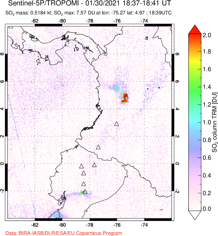 A sulfur dioxide image over Ecuador on Jan 30, 2021.