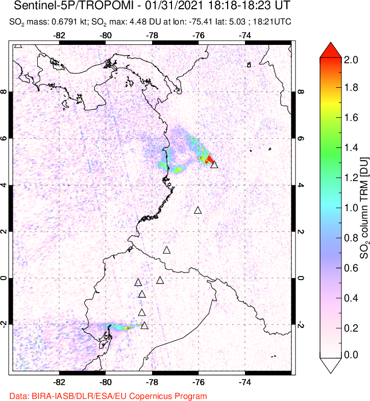 A sulfur dioxide image over Ecuador on Jan 31, 2021.
