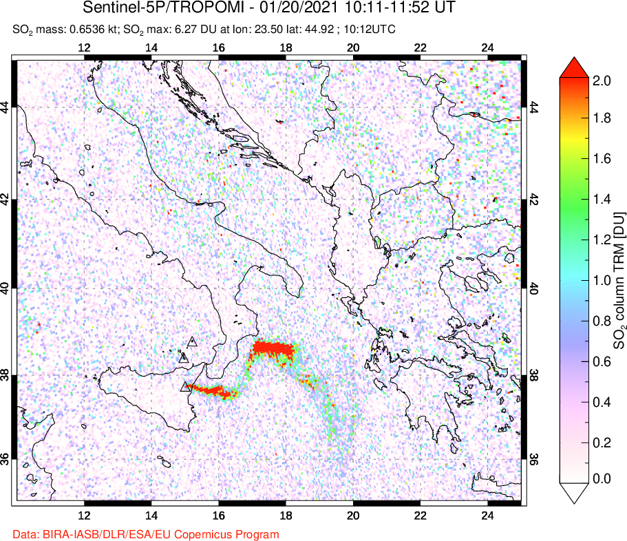 A sulfur dioxide image over Etna, Sicily, Italy on Jan 20, 2021.