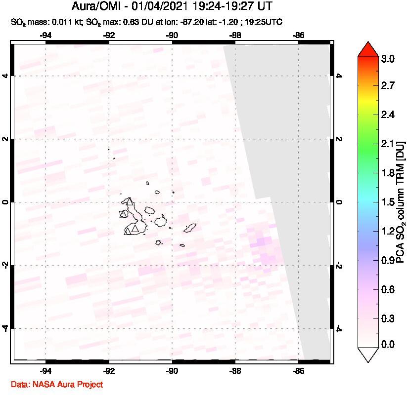 A sulfur dioxide image over Galápagos Islands on Jan 04, 2021.