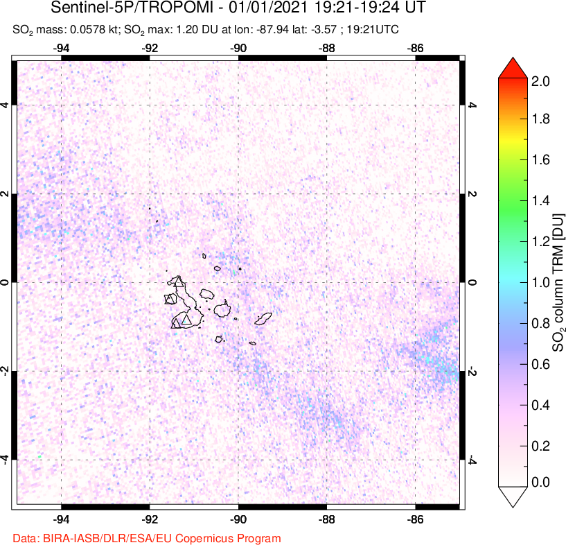 A sulfur dioxide image over Galápagos Islands on Jan 01, 2021.
