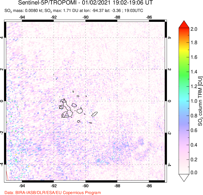 A sulfur dioxide image over Galápagos Islands on Jan 02, 2021.