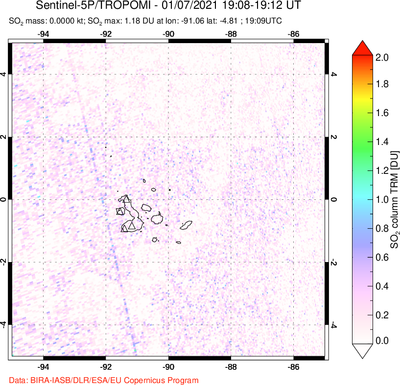 A sulfur dioxide image over Galápagos Islands on Jan 07, 2021.