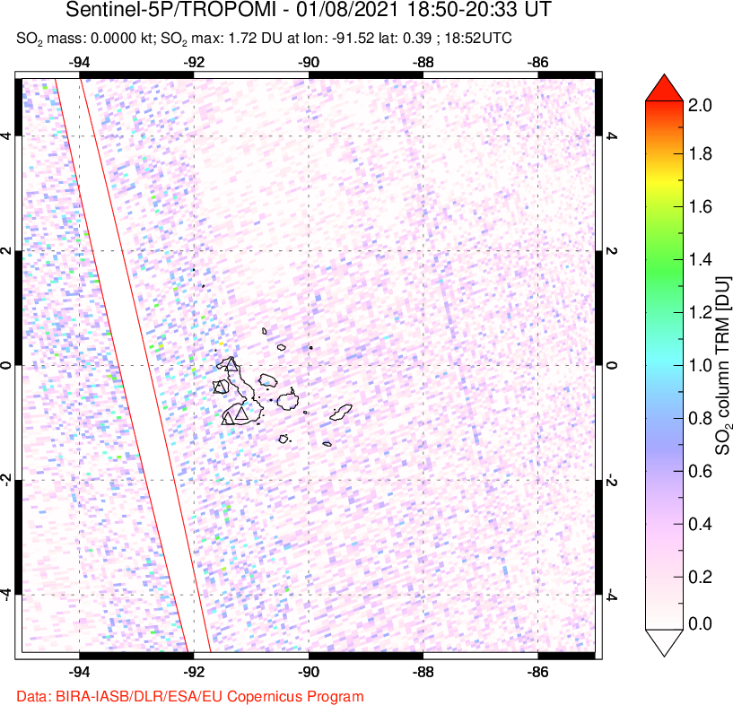 A sulfur dioxide image over Galápagos Islands on Jan 08, 2021.