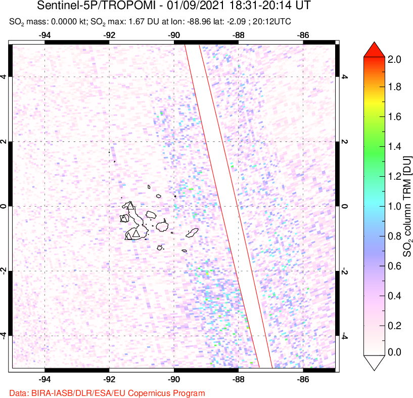 A sulfur dioxide image over Galápagos Islands on Jan 09, 2021.