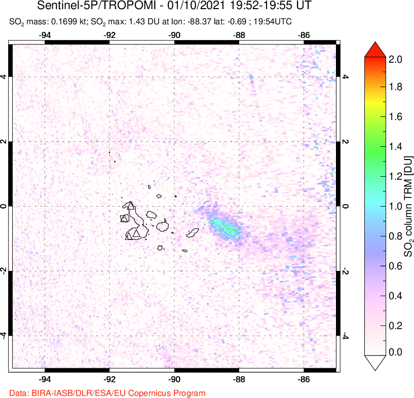 A sulfur dioxide image over Galápagos Islands on Jan 10, 2021.