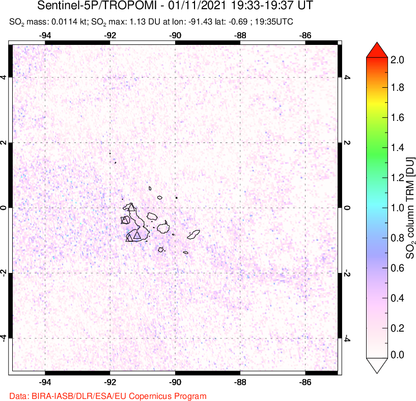 A sulfur dioxide image over Galápagos Islands on Jan 11, 2021.