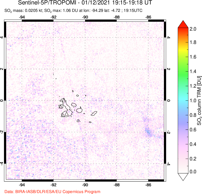 A sulfur dioxide image over Galápagos Islands on Jan 12, 2021.