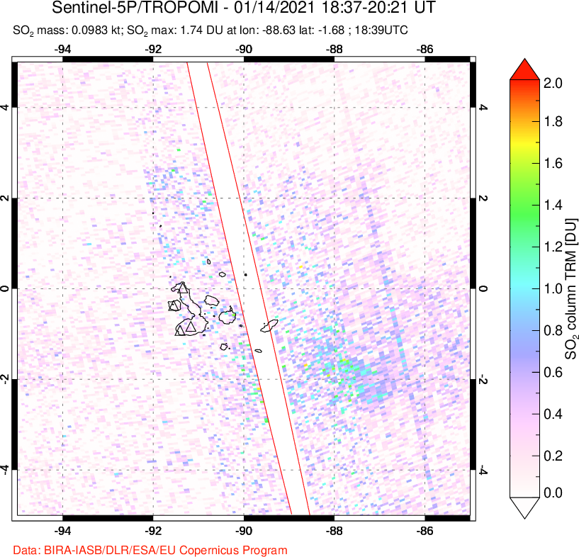 A sulfur dioxide image over Galápagos Islands on Jan 14, 2021.