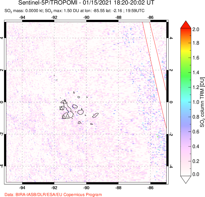 A sulfur dioxide image over Galápagos Islands on Jan 15, 2021.