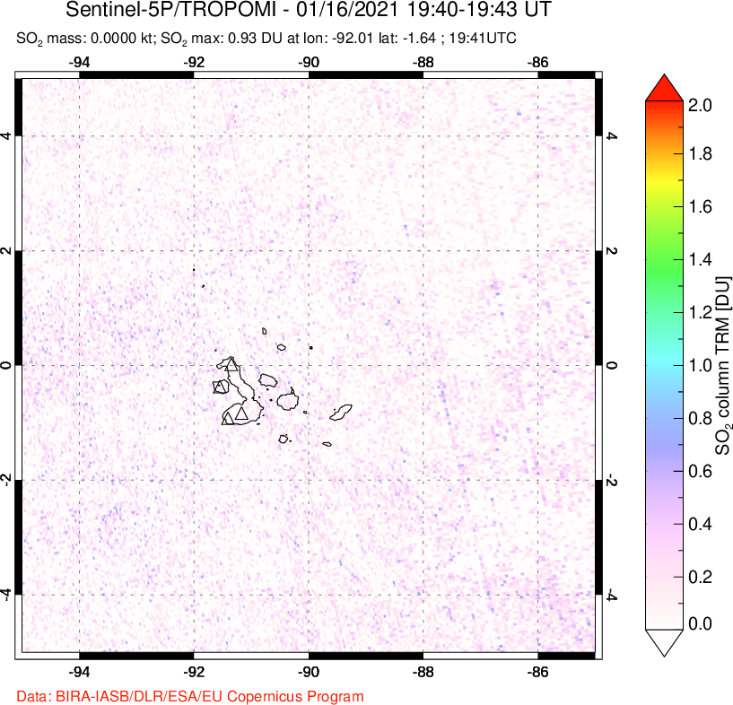 A sulfur dioxide image over Galápagos Islands on Jan 16, 2021.