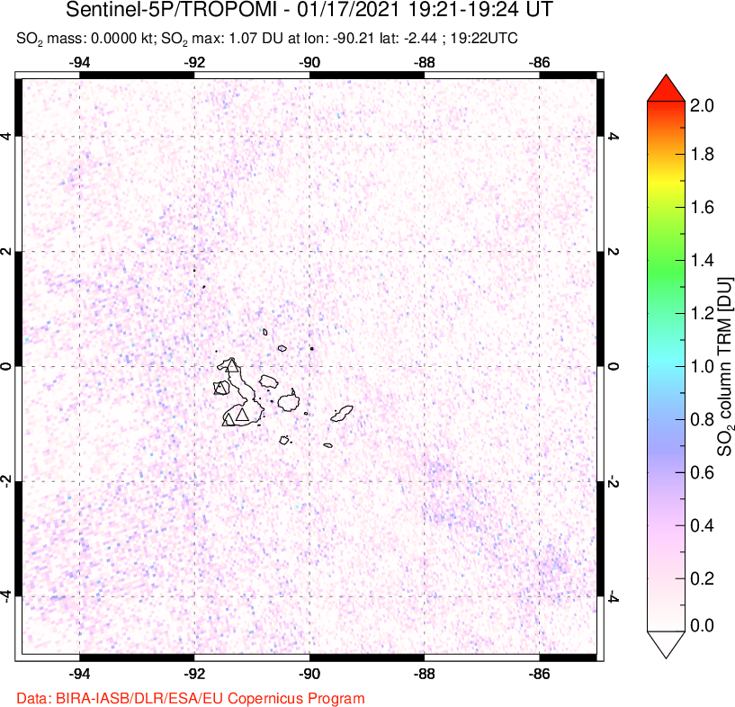 A sulfur dioxide image over Galápagos Islands on Jan 17, 2021.