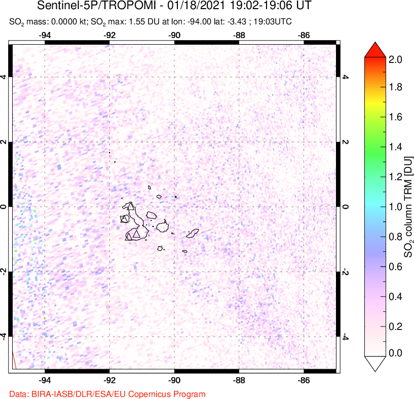A sulfur dioxide image over Galápagos Islands on Jan 18, 2021.