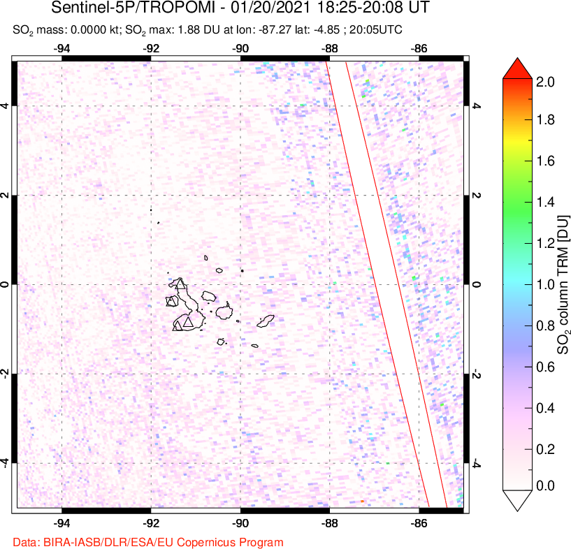 A sulfur dioxide image over Galápagos Islands on Jan 20, 2021.