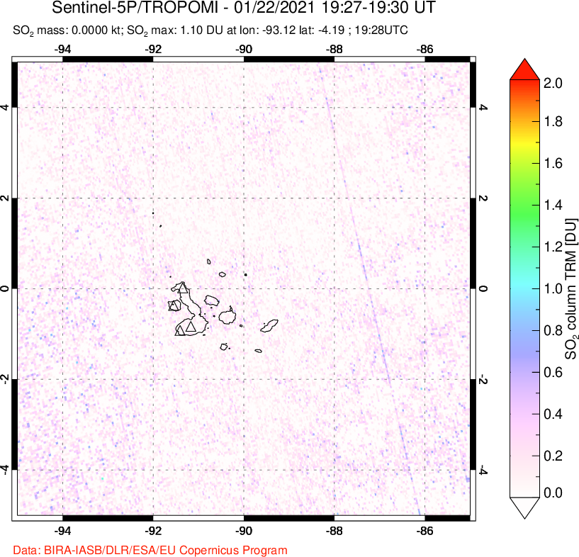 A sulfur dioxide image over Galápagos Islands on Jan 22, 2021.
