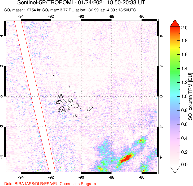 A sulfur dioxide image over Galápagos Islands on Jan 24, 2021.
