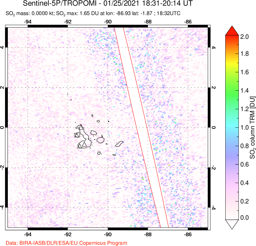 A sulfur dioxide image over Galápagos Islands on Jan 25, 2021.