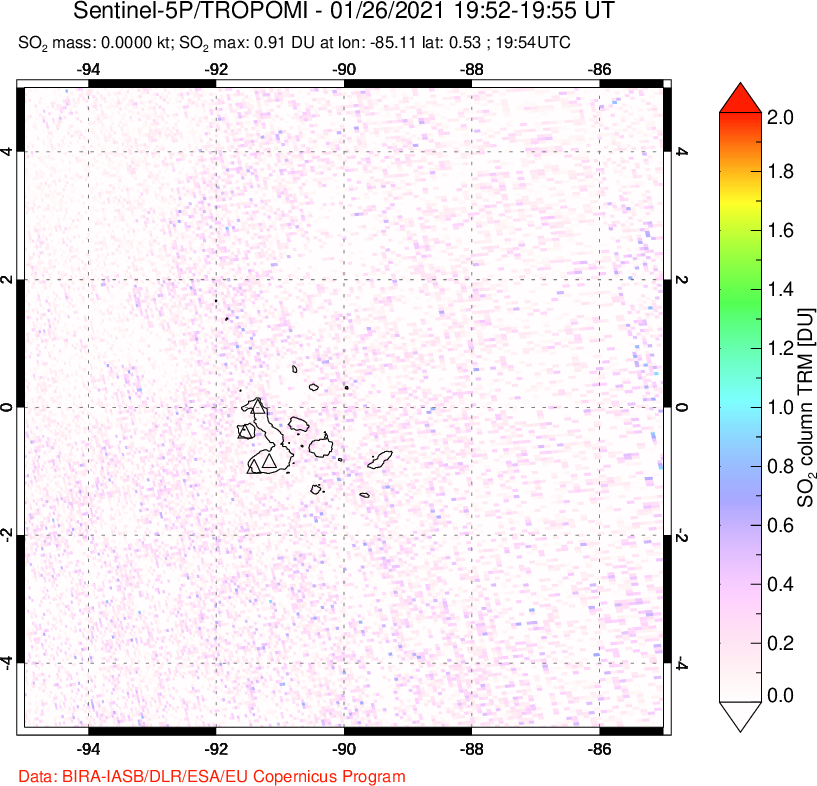 A sulfur dioxide image over Galápagos Islands on Jan 26, 2021.