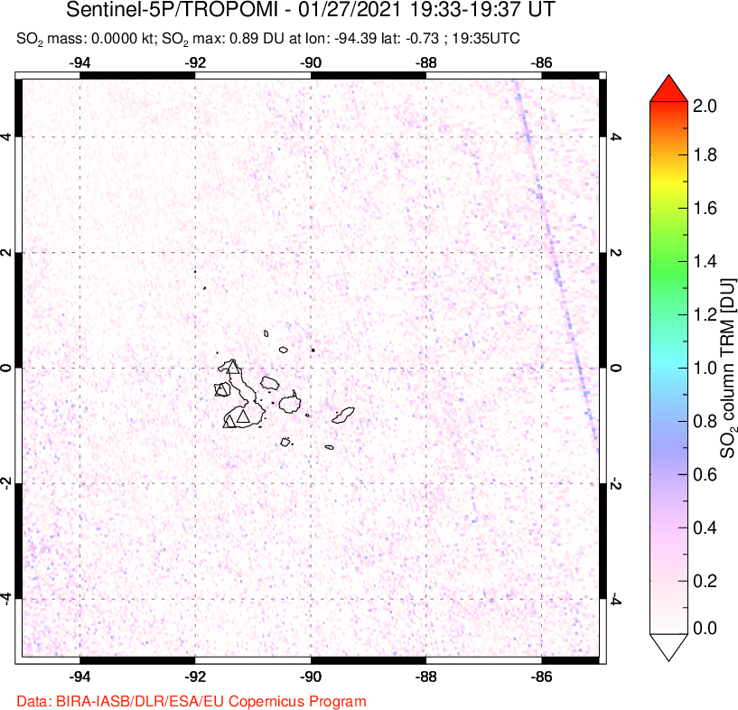 A sulfur dioxide image over Galápagos Islands on Jan 27, 2021.