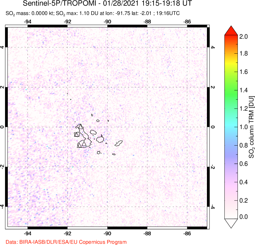A sulfur dioxide image over Galápagos Islands on Jan 28, 2021.
