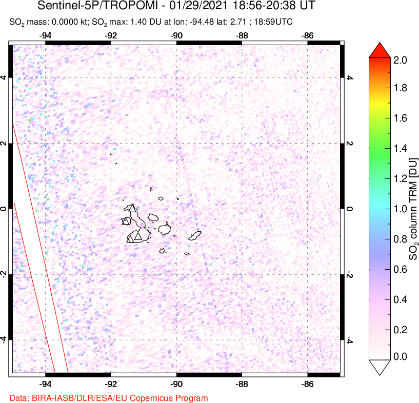 A sulfur dioxide image over Galápagos Islands on Jan 29, 2021.