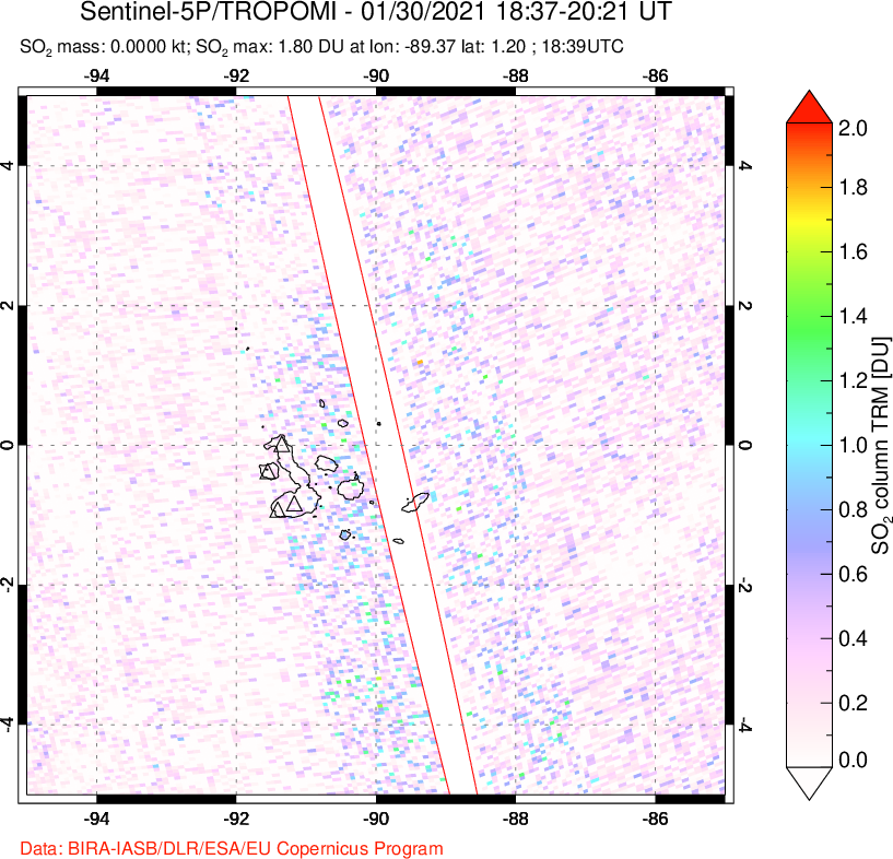 A sulfur dioxide image over Galápagos Islands on Jan 30, 2021.