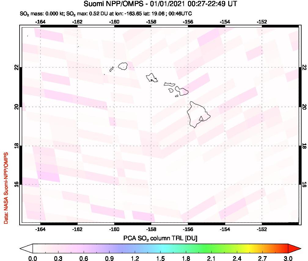 A sulfur dioxide image over Hawaii, USA on Jan 01, 2021.