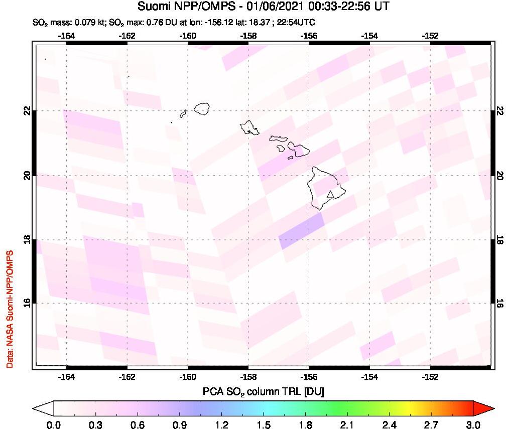 A sulfur dioxide image over Hawaii, USA on Jan 06, 2021.