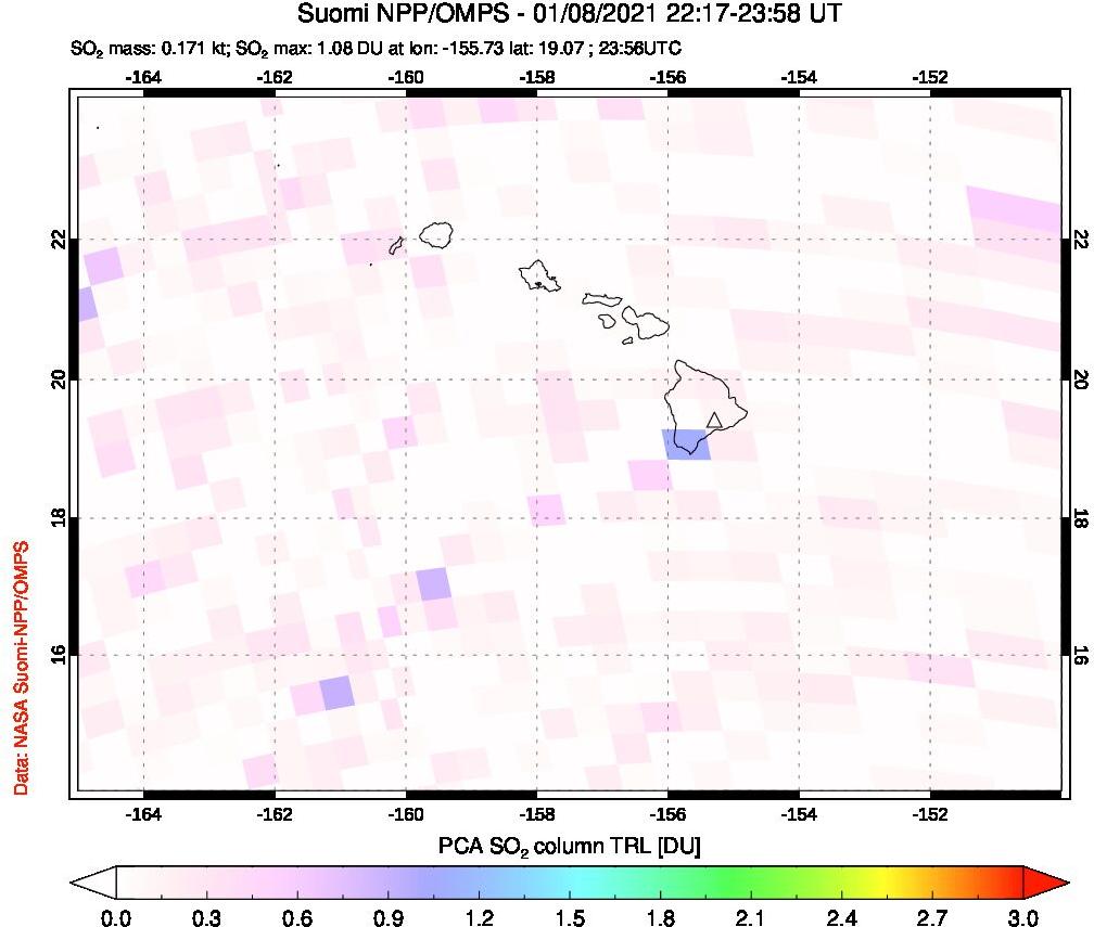 A sulfur dioxide image over Hawaii, USA on Jan 08, 2021.